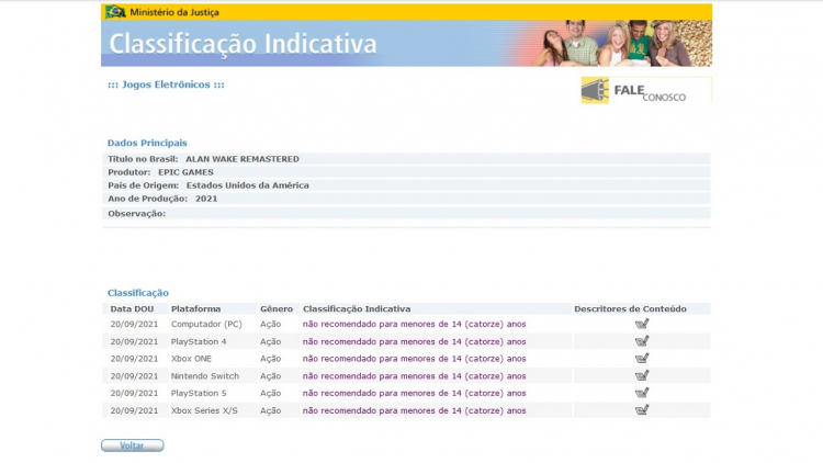 Switch-версия Alan Wake Remastered на сайте бразильского рейтингового агентства