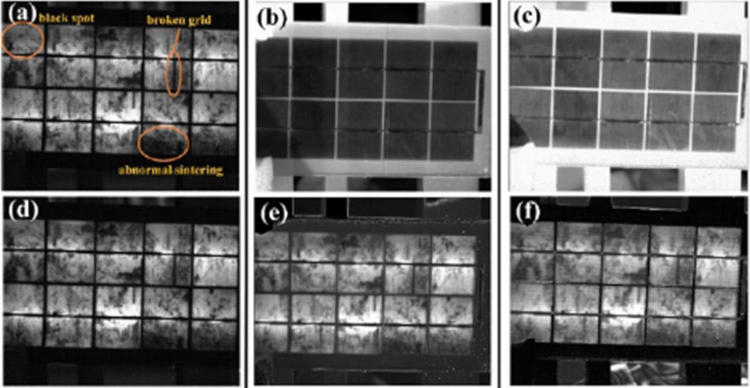 Солнечные панели в условиях слабого (слева), среднего (в центре) и сильного (справа) солнечного света. В верхнем ряду изображения, полученные традиционными системами обнаружения дефектов, в нижнем — снимки, полученные новой системой