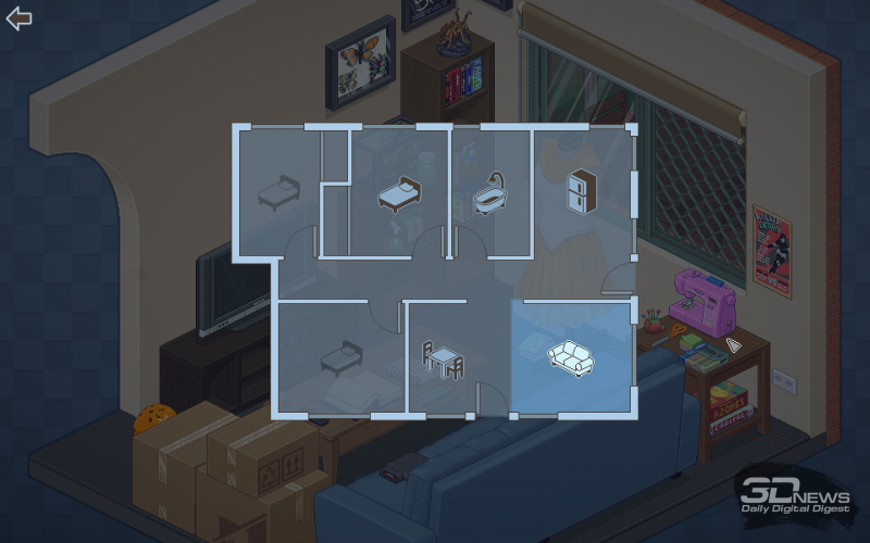 Между комнатами можно (и нужно) перемещаться — не все вещи упакованы правильно, какие-то придётся перетаскивать в другие помещения